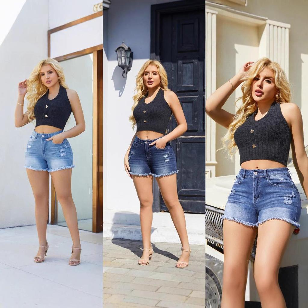 2025 Women's Low Waist Ripped Denim Shorts with Frayed Hem - European American Style Sexy Jeans Hot Pants
