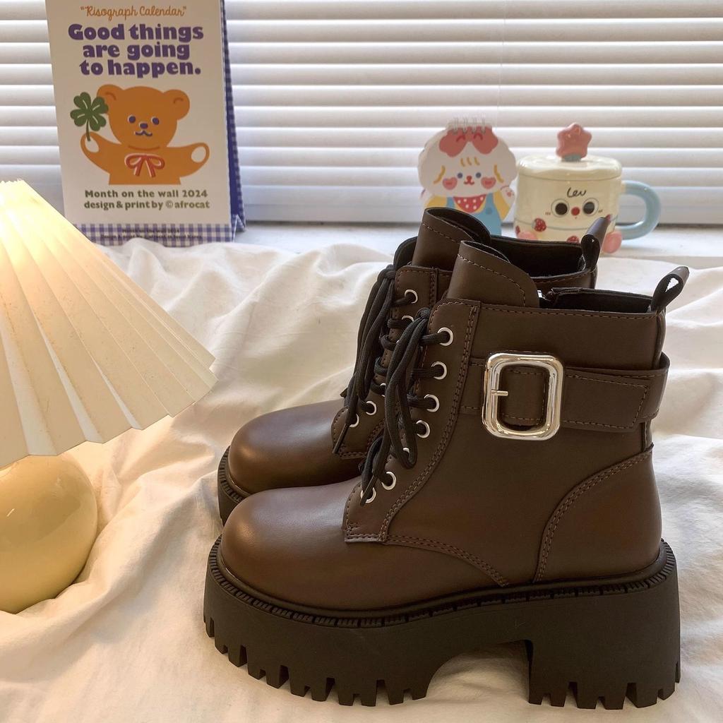 Fashion Leather Woman Short Shoes With Laces Chunky Heel Height Increasing Booties High Quality Hot Sale Y2k Goth Ankle Boots for Women