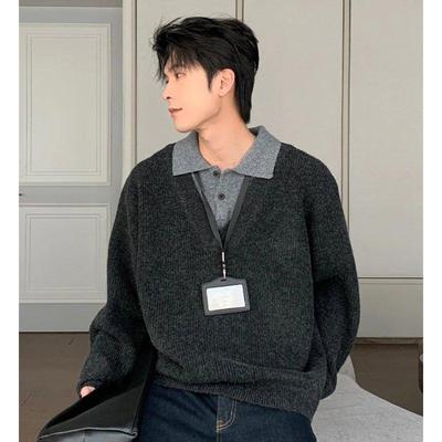Men's Autumn/Winter American Retro Faux Two-Piece Lapel Sweater - High-End Lazy Style Knitwear
