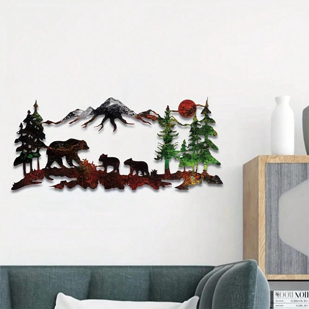 1pc Laser Cut Metal Bear Forest Wall Art, UV Print, Home Decor, Indoor Outdoor Iron Sculpture