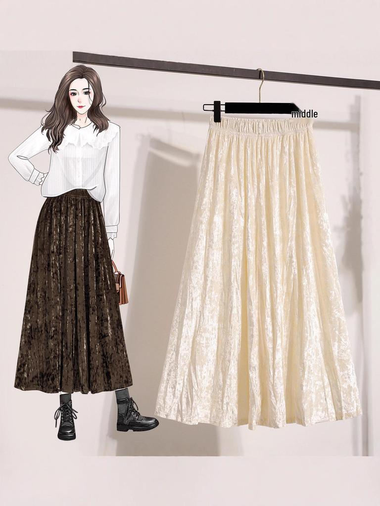 Pleated Velvet A-Line Skirt: Women's Versatile Mid-Length High-Waisted Slimming Style for Autumn and Winter
