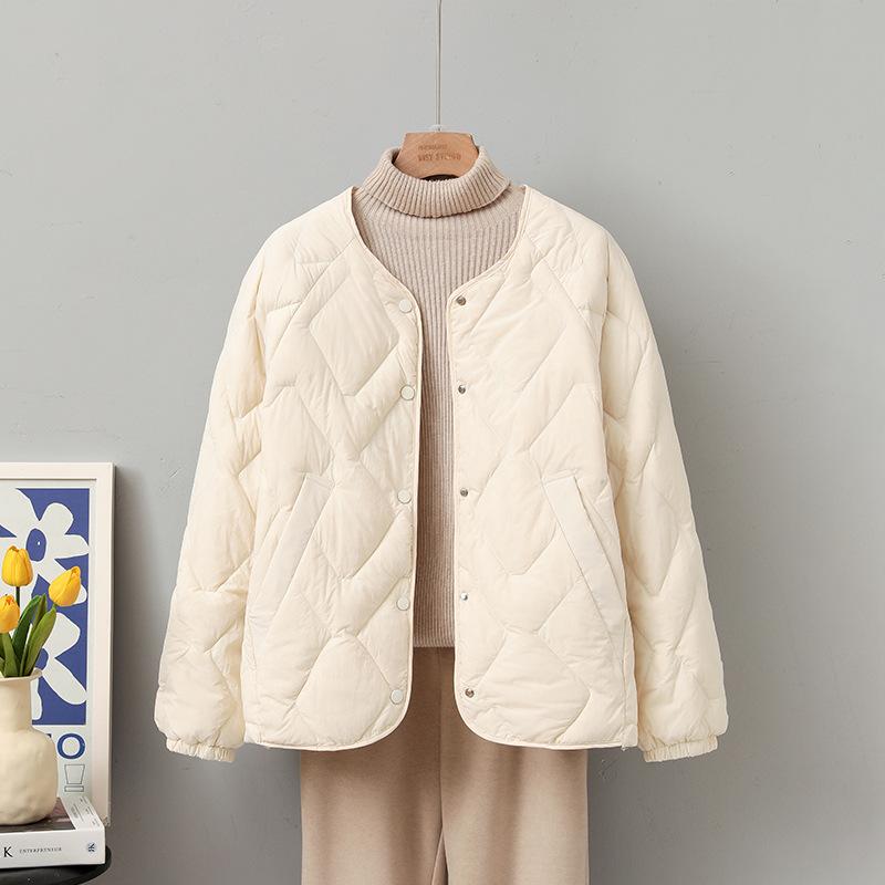 New Collarless Diamond Simple Versatile Round Neck Breasted White Duck Down Thin Lightweight Down Jacket Female Winter