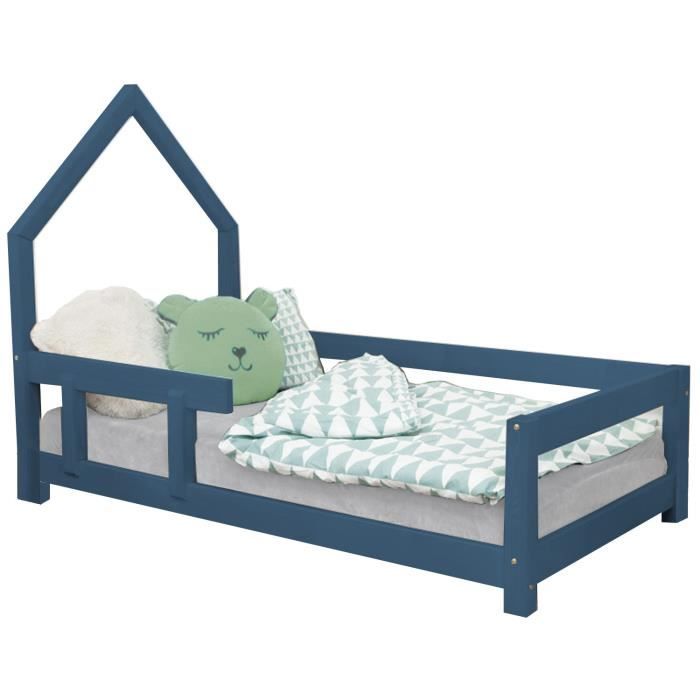 Lit cabane enfant POPPI - GENERIQUE - 140 x 200 - Bleu - Bois massif - A lattes