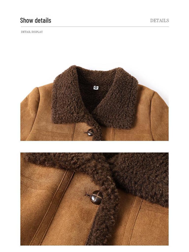 Petite Women's Lambswool Jacket for Mid-Aged & Elderly: Autumn/Winter Leather & Fur, Thick Plain Top