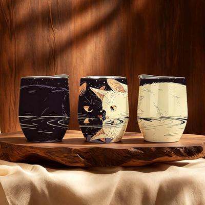 355ml Eggshell Cup Twin Cats Moon Water Element Travel Cup U Shape Eggshell Cup Mini Stainless Cool Cup 12oz Eggshell Insulated Cup