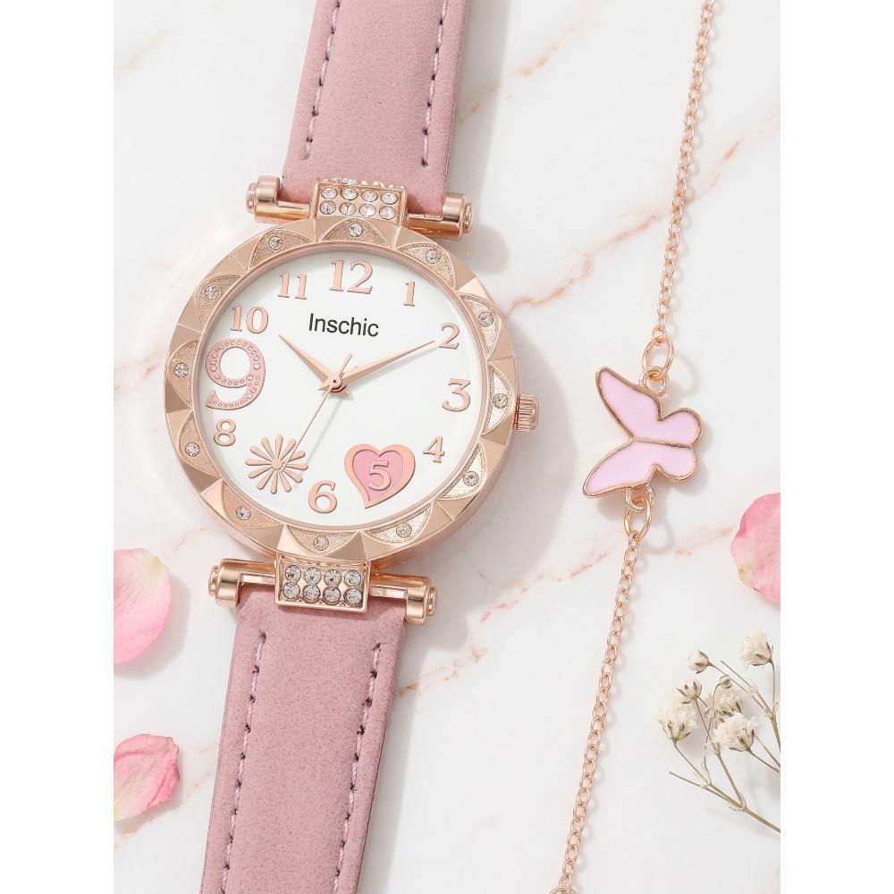 Light Luxury Women's Watch Set, Rose Gold Case with Diamond Bezel, Simple Casual Belt Watch
