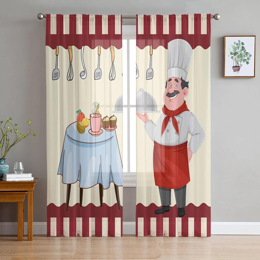 Kitchen Utensils Plaid Tulle Curtains For Living Room Chiffon Voile Sheer Window Curtain For Bedroom