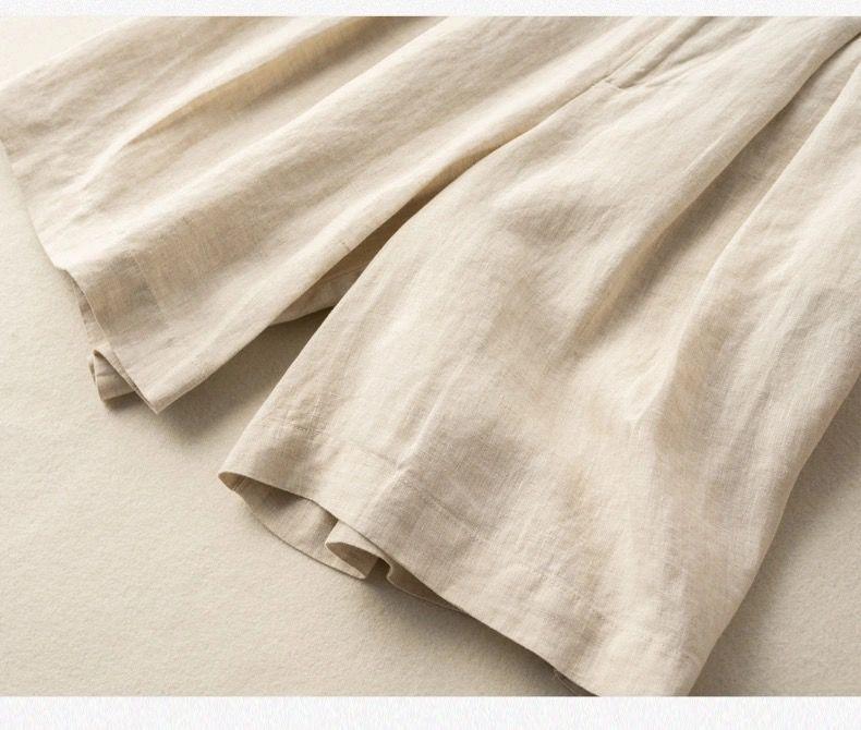 Summer Elastic Waist Cotton-Linen Capris with Wide Legs and Retro Solid Color