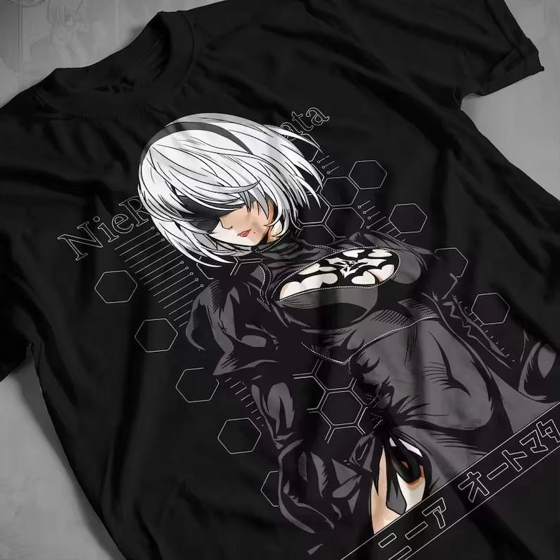 Vintage Washed NieR Automata 2B YoRHa Android Japanese Kanji Graphic Print Y2K Retro Aesthetic Unisex Fan Gift Graphic T-shirt Men Women