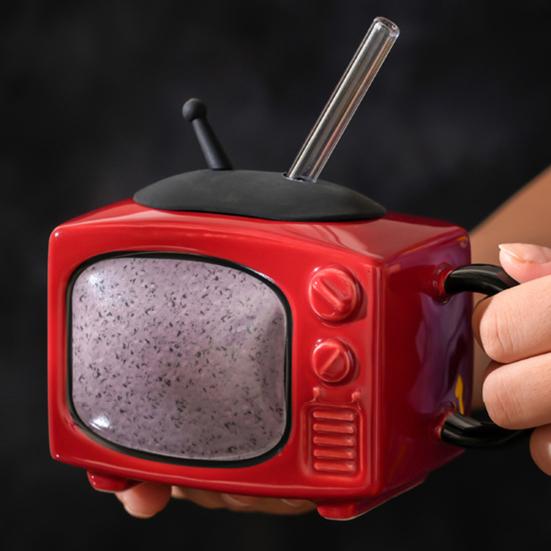 Retro Television Ceramic Mug with Lid & Straw 450ml Creative Nostalgic Design Coffee Cup Leak-Proof & Heat Resistant Drinking Cup Novelty Gift Home