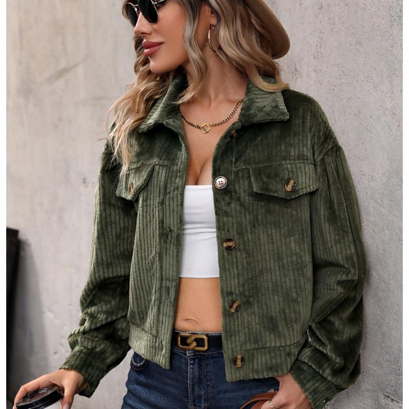 Autumn and Winter Warm Plush Casual Women Jacket Fashion Long Sleeve Solid Women's Green Jackets Elegant  Button Up Vintage Ladies Coats 24700