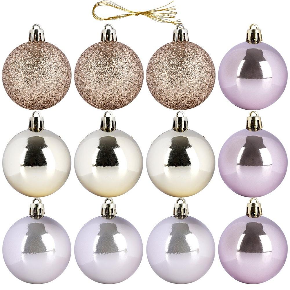 Rose gold shatterproof Christmas tree baubles 5 cm 12 pcs.