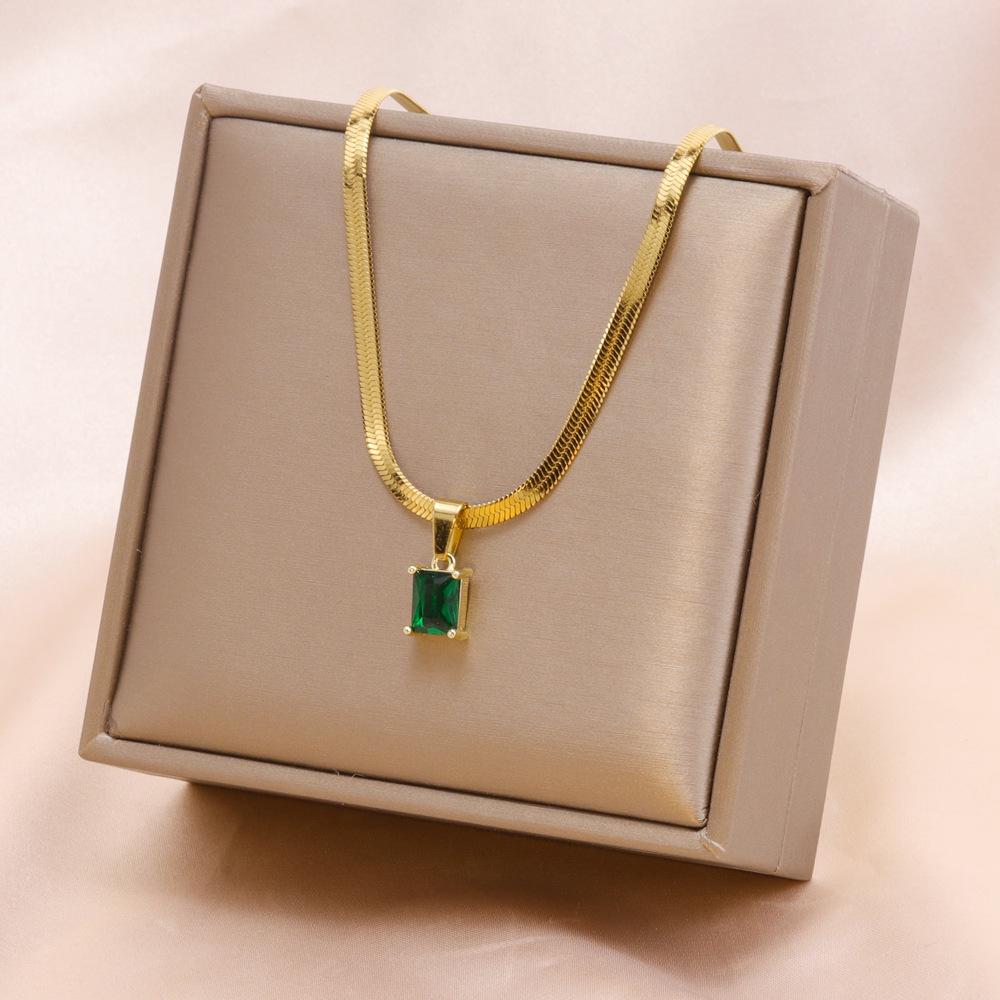 Emerald Necklace & Bracelet Set: Square Diamond, Stainless Steel with Round Snake Chain, Free Shipping