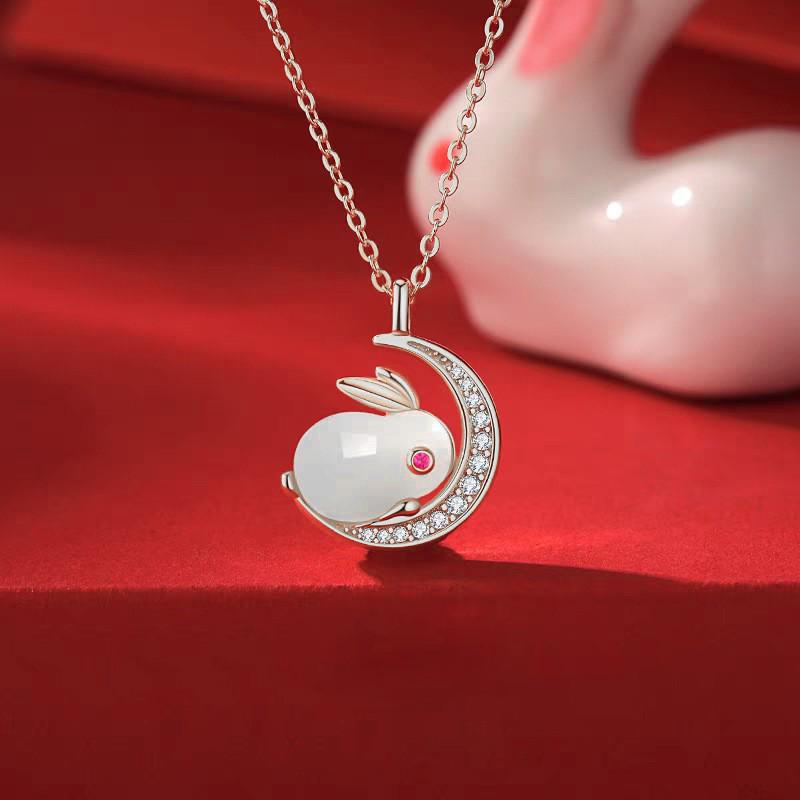 925 Sterling Silver Rabbit Pendant Necklace with Natural Hetian Jade