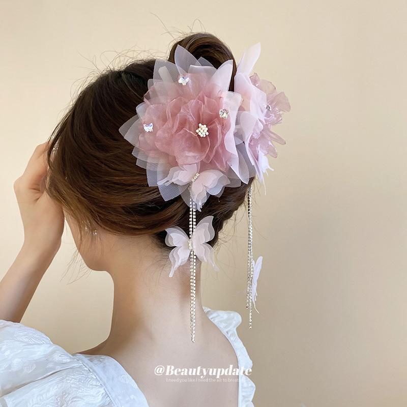 Mesh Flower Diamond Butterfly Tassel Hair Catch Sweet Fashion Back of Head Shark Clip Versatile Super Fairy Hairpin Hair Accessories