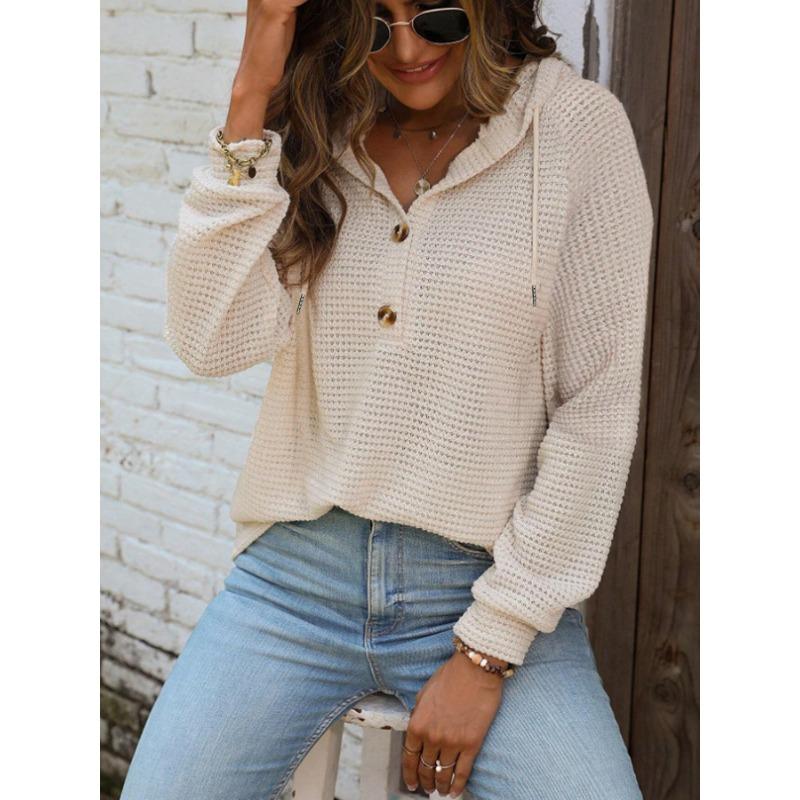 Women S Loose Long Sleeve Solid Color Hooded Button Sweatshirt