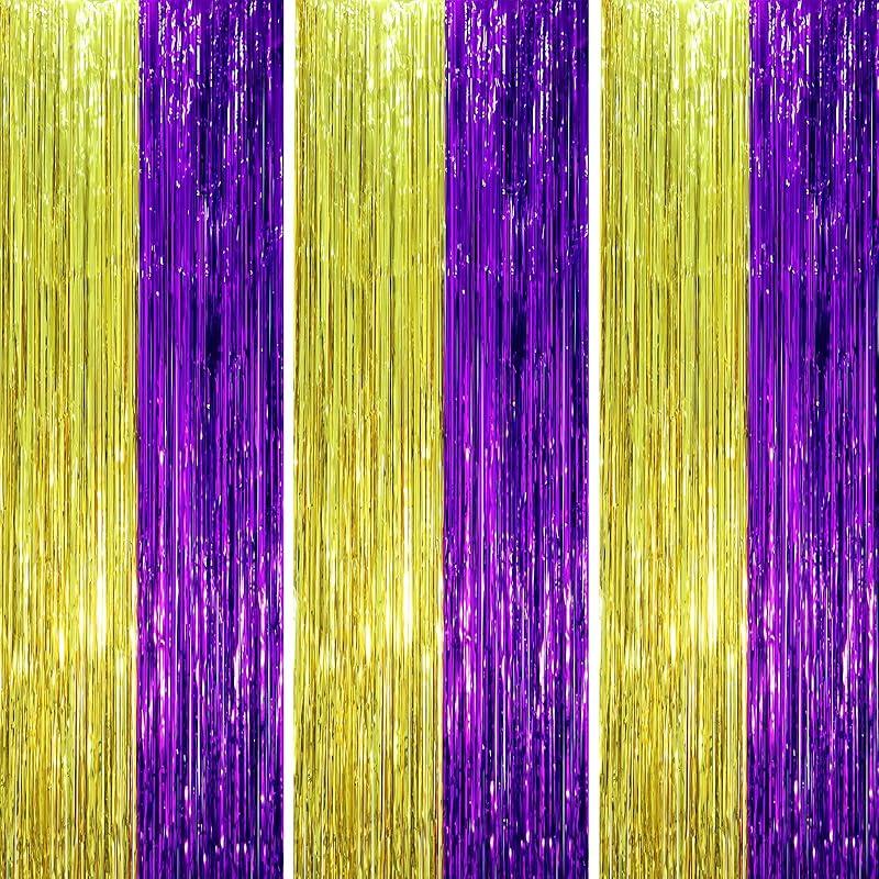 3 Pack 3.3x8.2 Feet Gold Foil Fringe Backdrop Curtains, Tinsel Streamers, Fringe Backdrop for 2025 New Years Eve, Graduation, Birthday, Baby Shower,