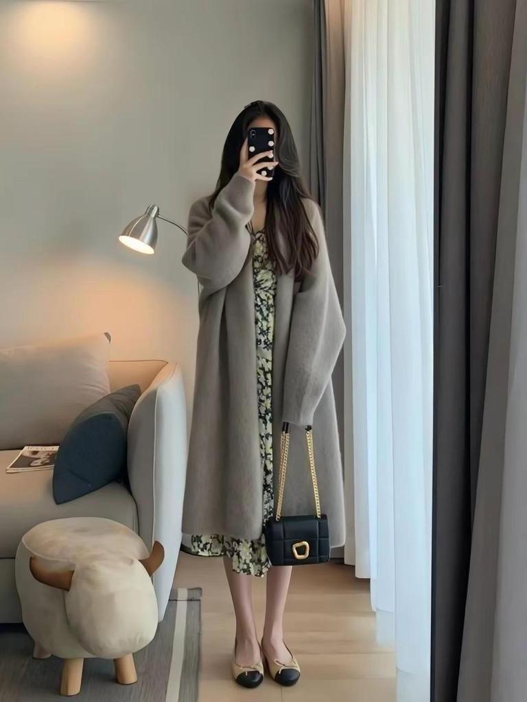 2026 Autumn-Winter Women's Korean Loose Knit Cardigan - Solid Color Sweater Coat