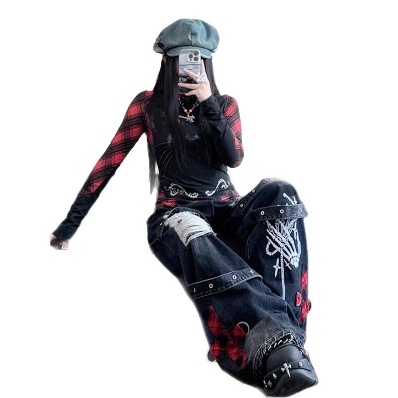 Gothic Punk Style Ripped Wide-Leg Jeans for Women