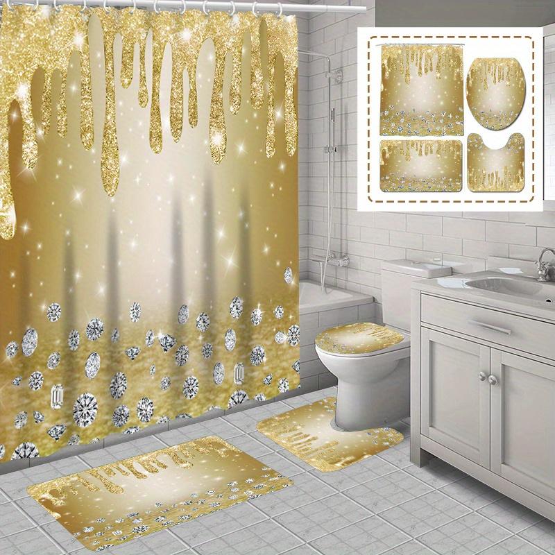 1/4 buc Set Perdea de Duș Luxoasă Aurie Florală Impermeabilă Set Decorativ pentru Baie Covor Antiderapant Capac Toaletă Covoraș de Baie și 12 Cârlige