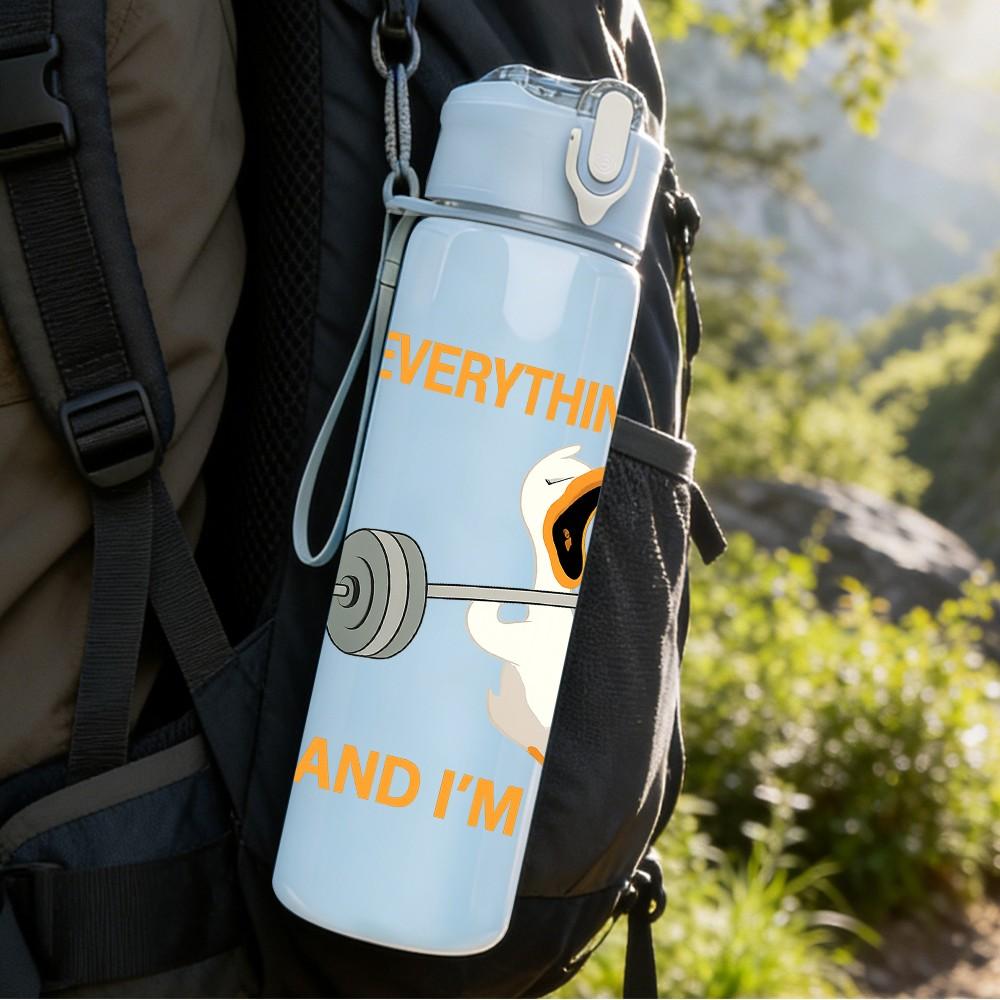 1PC Penguin Weightlifting Pattern 750ml Color Plastic Sports Water Bottle Leakproof Flip Straw Lid Suitable for Sports Office Home Use