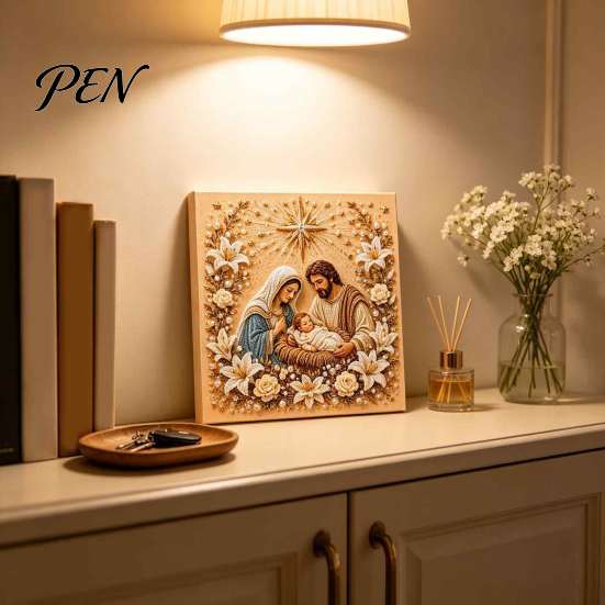 Relaxing Mindfulness Hobby Holy Family Painting DIY Kit, Religious Faux Pearl Art Christmas 3D Mosaic Set Craft Kit for Adults, Home Wall Decor