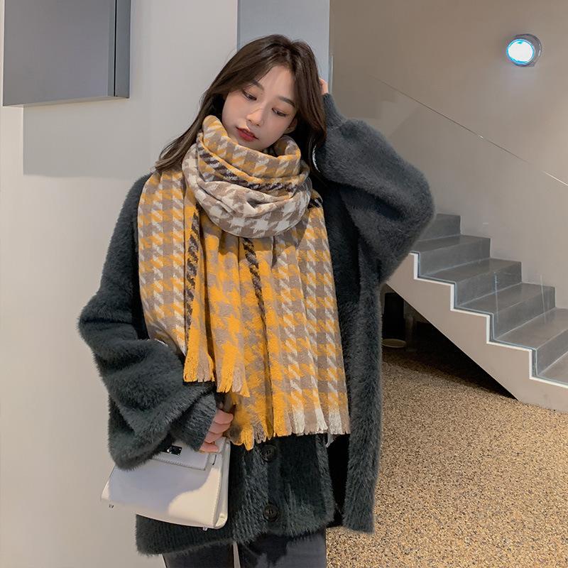 Houndstooth Plaid Ins Scarf Women's Autumn and Winter New Korean Version Versatile Student Shawl Warm Scarf Men's Trend