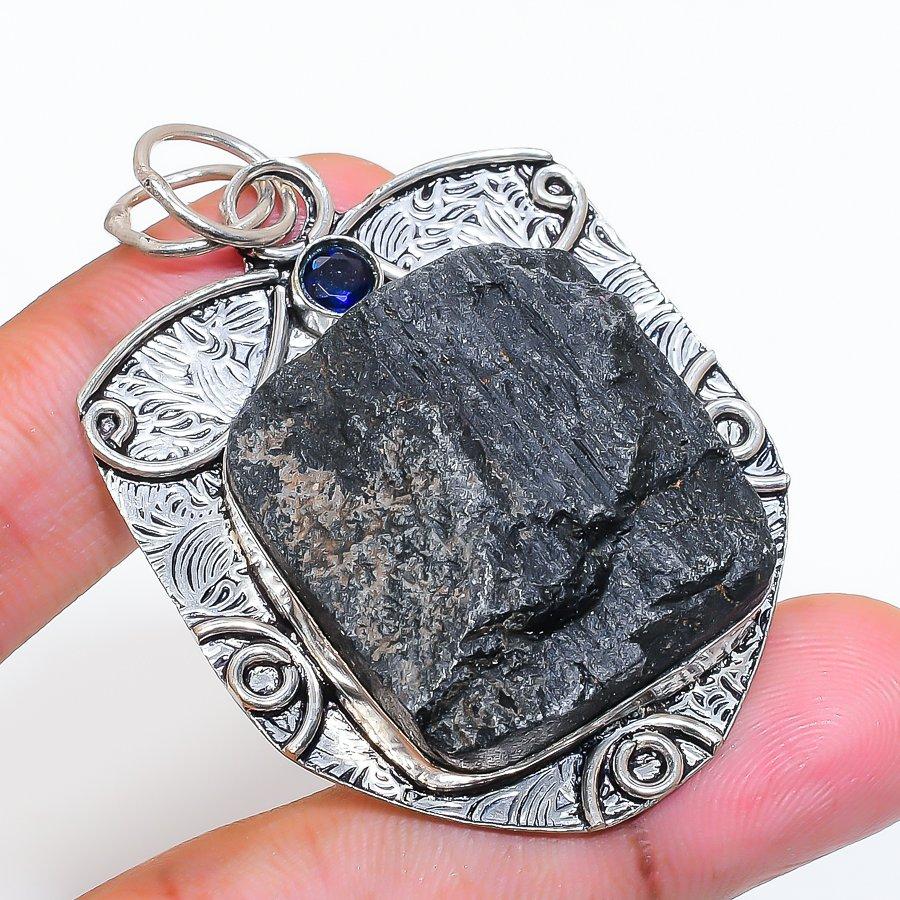 Natural Black Tourmaline, Iolite 925 Sterling Silver Jewelry Pendant 2.36" ZS-592