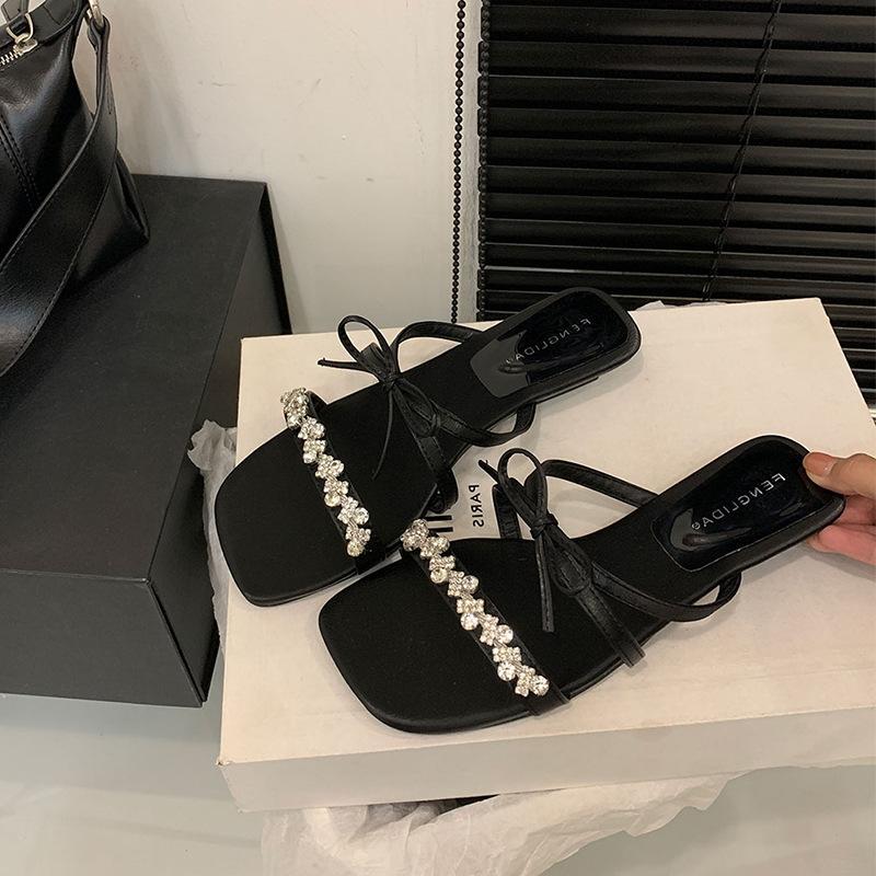 

French flat-heeled rhinestone slippers fairy shoes wear 2025 summer pink with skirt bow sandals 40 чёрный