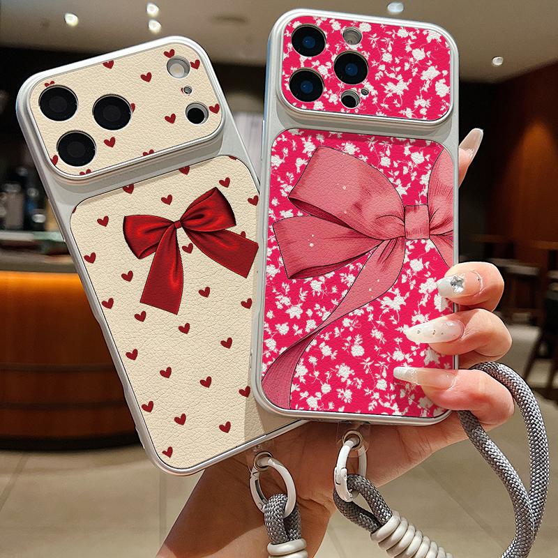 Cute Cartoon Bowknots Print Leather Lanyard Case For iPhone 18 Pro Max 17 16 15 14 13 Pro Max Luxury Hybrid TPU+PU Anti-skid Soft Phone Cover