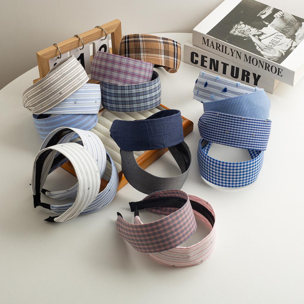 New Checkered Wide Fabric Headband Sweet Academic Vintage Hair Band Non-Slip Toothed Design Korean Retro Hair Accessories