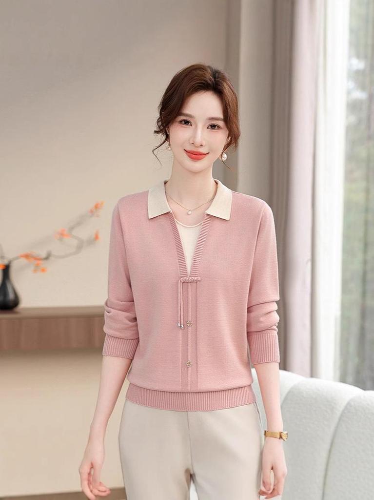 Elegant Spring-Autumn Faux Two-Piece Knit Top for Young, Middle-Aged, and Elderly Women