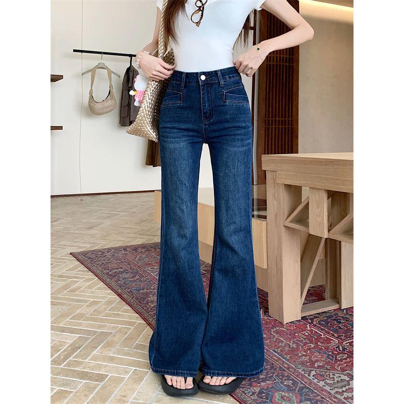 Kumikumi Vintage Washed Blue High Waist Jeans Women's Autumn Slim Fit Slimming Versatile Flared Pants Trousers