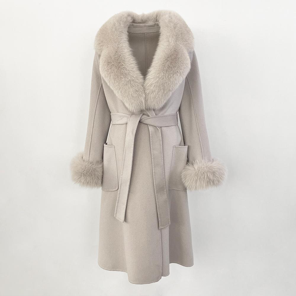 MENINA New  Autumn Winter Fashion 100% Wool Water-Corrugated Woolen Coat with Detachable Fox Fur Collar Women Daily Casual Wear