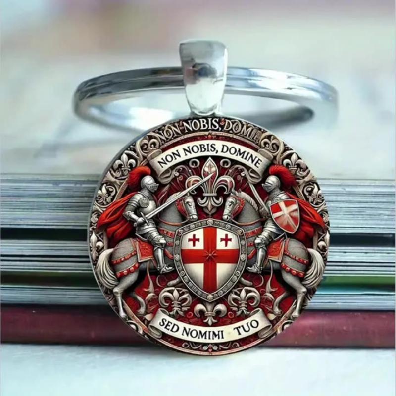1Pcs Red Cross Pendant Templar Keychain Army Crusade Solomon Freemason Symbol Glass Gem Metal Key Ring Holder Jewelry Gifts