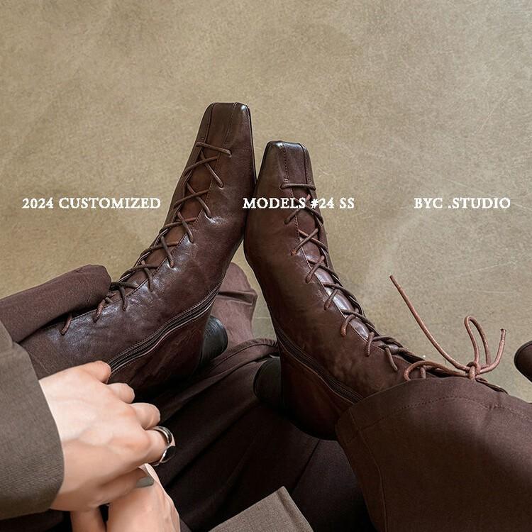 Full Leather French Niche Design Square Head Leather Shoes 2025 New Thick Heel Lace-up Single Shoes Women's High Heel European Goods Women