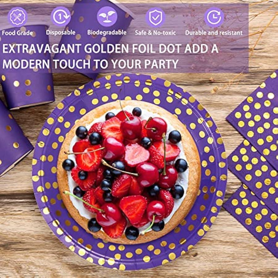Purple and Gold Party Supplies 140 Pieces Golden Dot Disposable Party Dinnerware Purple Paper Plates Napkins Cups Gold Plastic