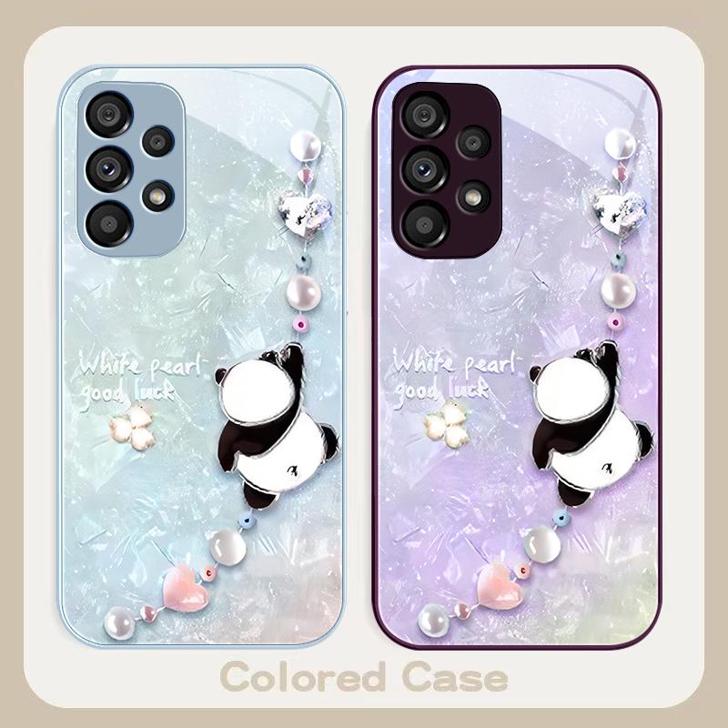 Beaded Panda Silver For Samsung Galaxy S23 U Ltra 24 Plus S20 21 FE S25 Ultra A70 A72 73 51 52 53 Tempered Glass Phone Case