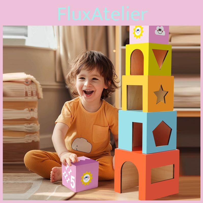 Wooden Educational Stacking Blocks Set For Toddlers With Geometric Shapes And Cognitive Play