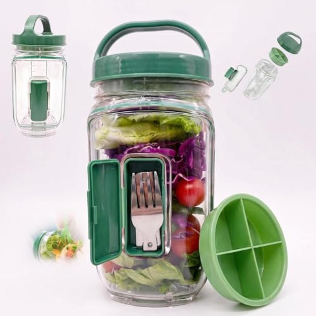 Kunststoff-Salataufbewahrungsbehälter mit seitlich zu öffnendem Deckel und Gabel-Fach Auslaufsicheres Lebensmittelaufbewahrungsglas mit luftdichtem Verschluss Tragbare Lunchbox