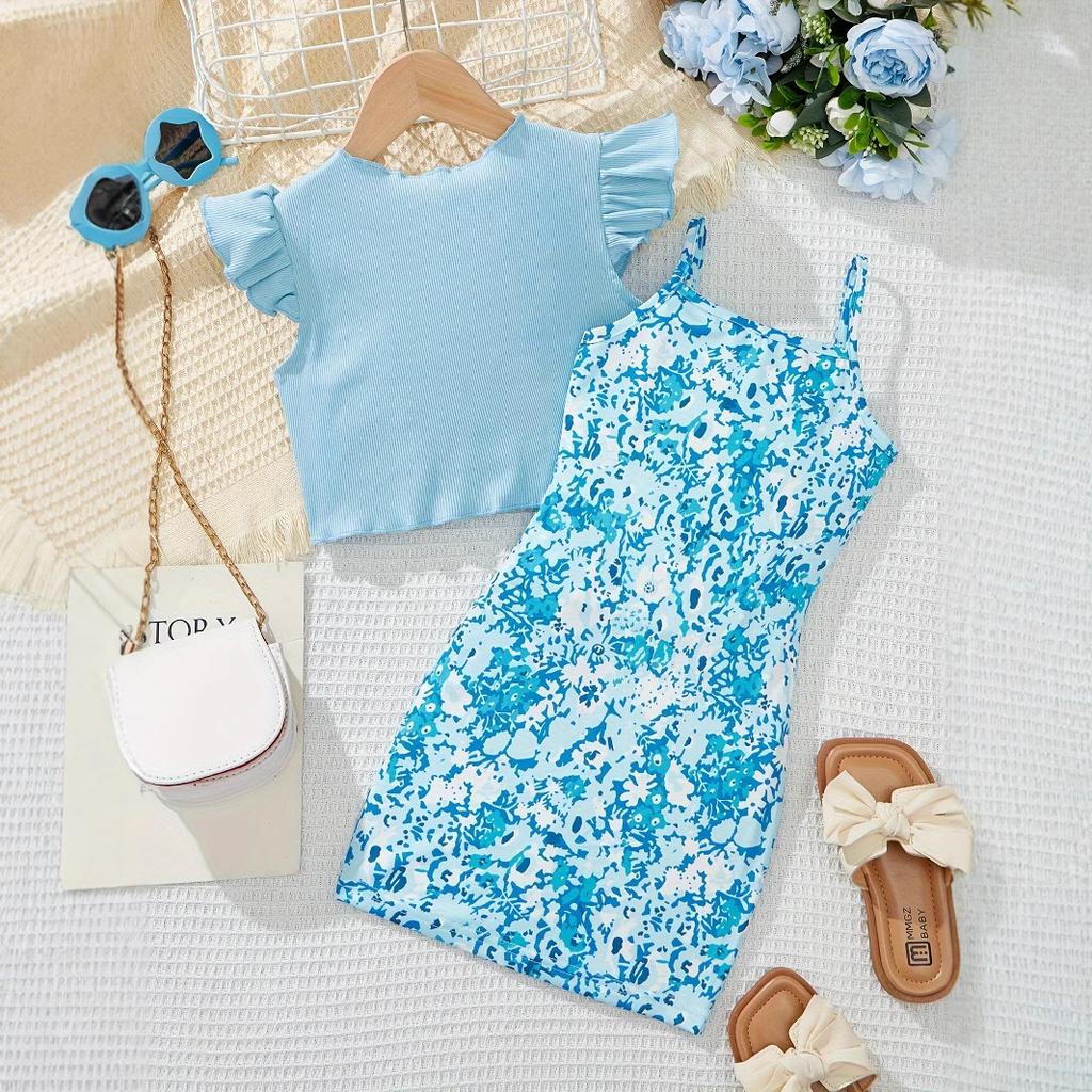 Mädchen Mode Blumendruck Kleid mit Schleife Top Set Sommer Kinder Casual Elegante Kleid