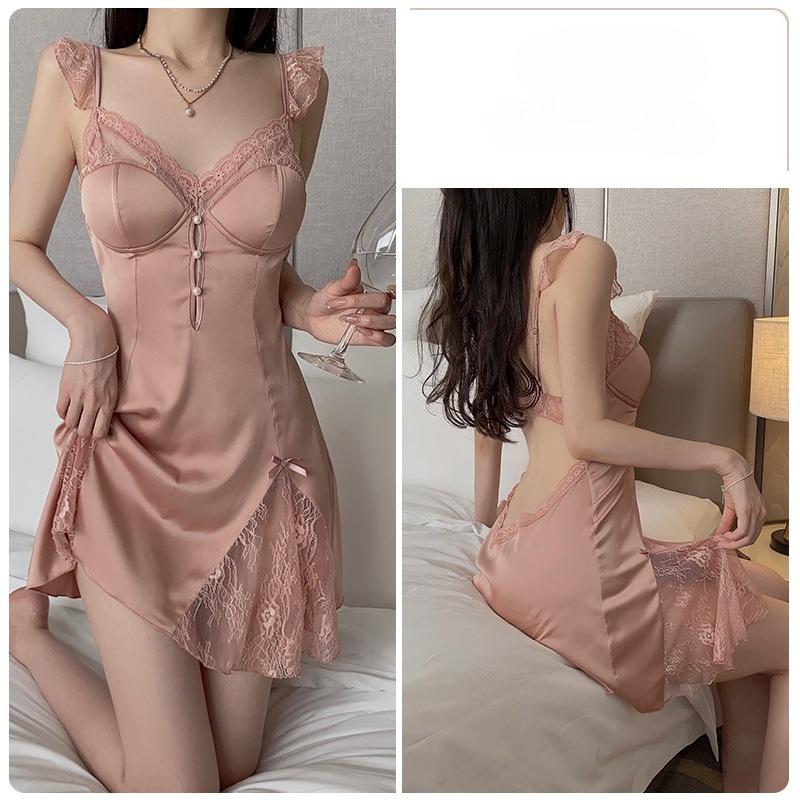 Women’s Sexy Deep V Sleep Dress Lace Sheer Mesh Backless Nightdress with Padded Bra