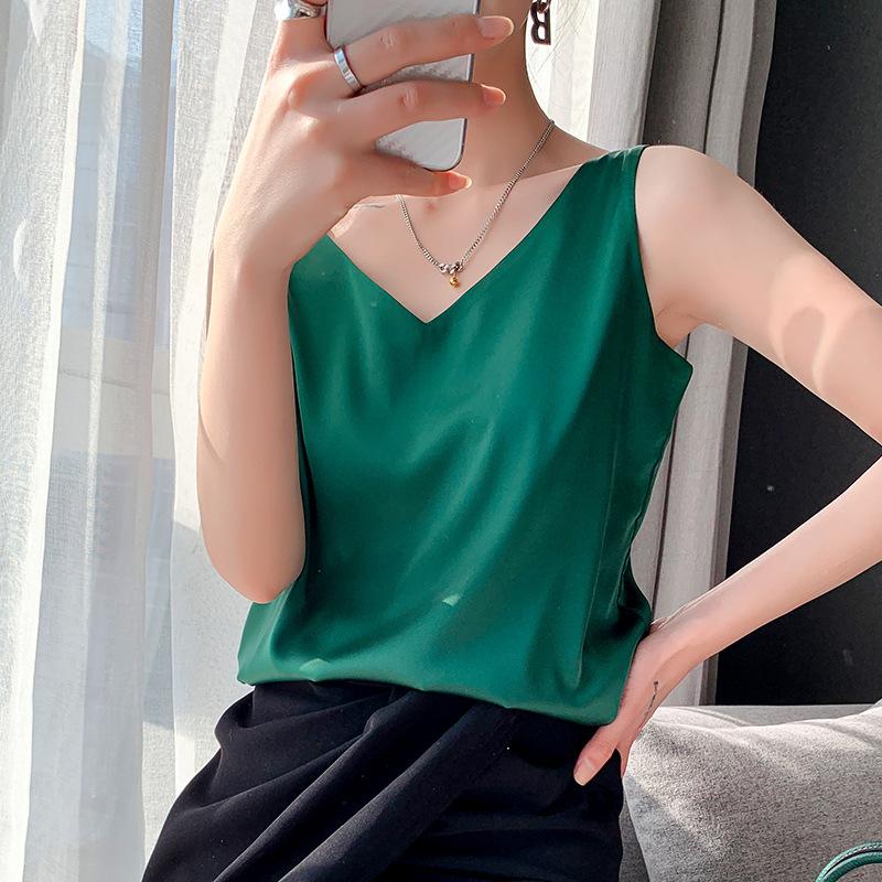 Canotta da donna con cinturino e scollo a V, canotta basic in seta senza maniche, canotta estiva femminile taglie forti