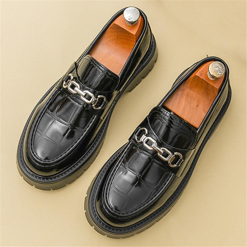 Fashion British New Fashion Men's Metal Chain Thick-soled Height Increasing Shoes Male Moccasins Wedding Prom Homecoming Footwear