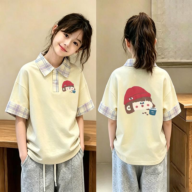 Girls' Trendy Korean-Style Summer Plaid Polo Shirt