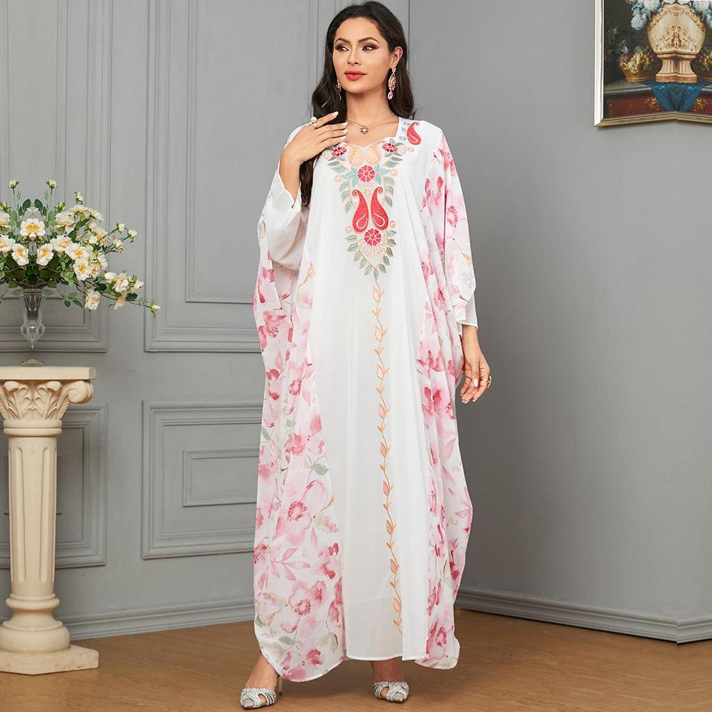 Muslim Women's Embroidered Dubai Robe: Digital Print, Color Block Batwing Sleeve Dress