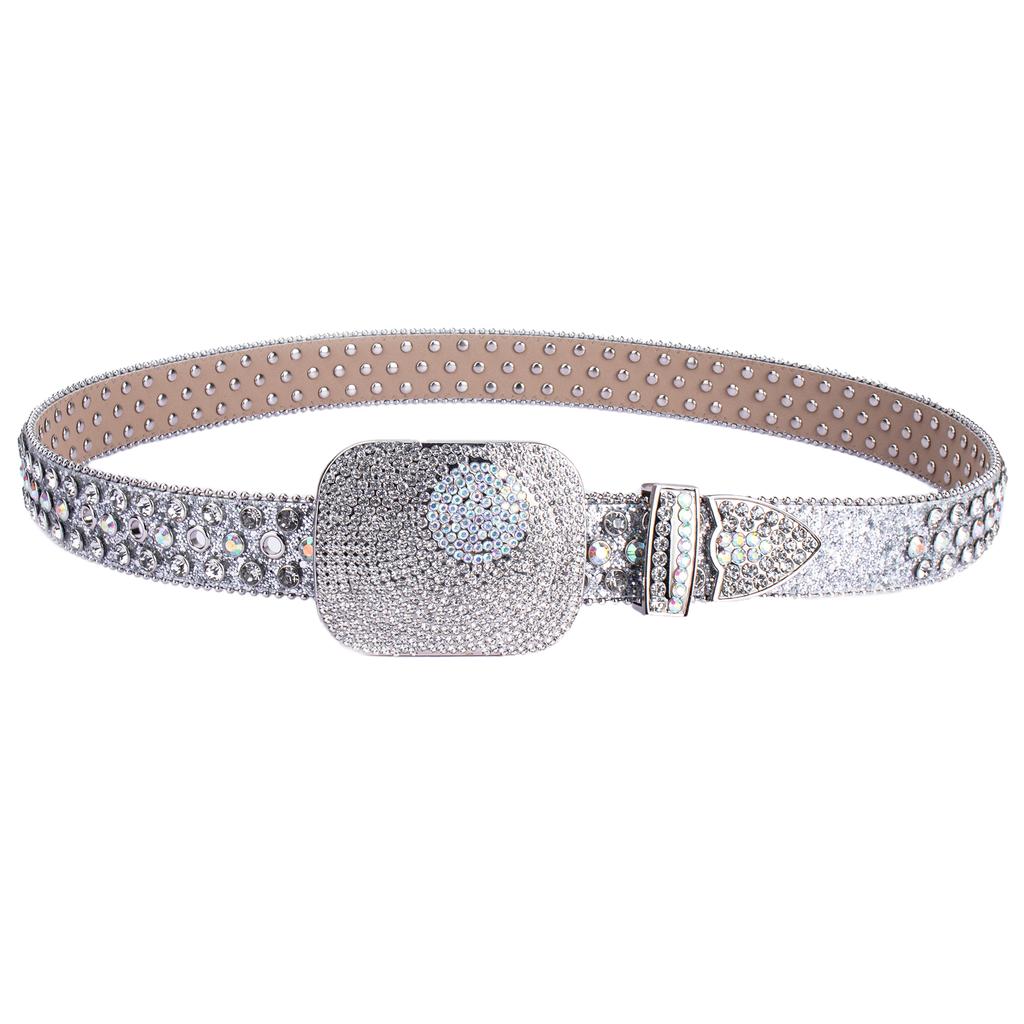 Sundo Black Silver Rhinestone Studded Western Alloy Square Buckle Full Crystal Bling PU Leather Belt Y2K Designer Style