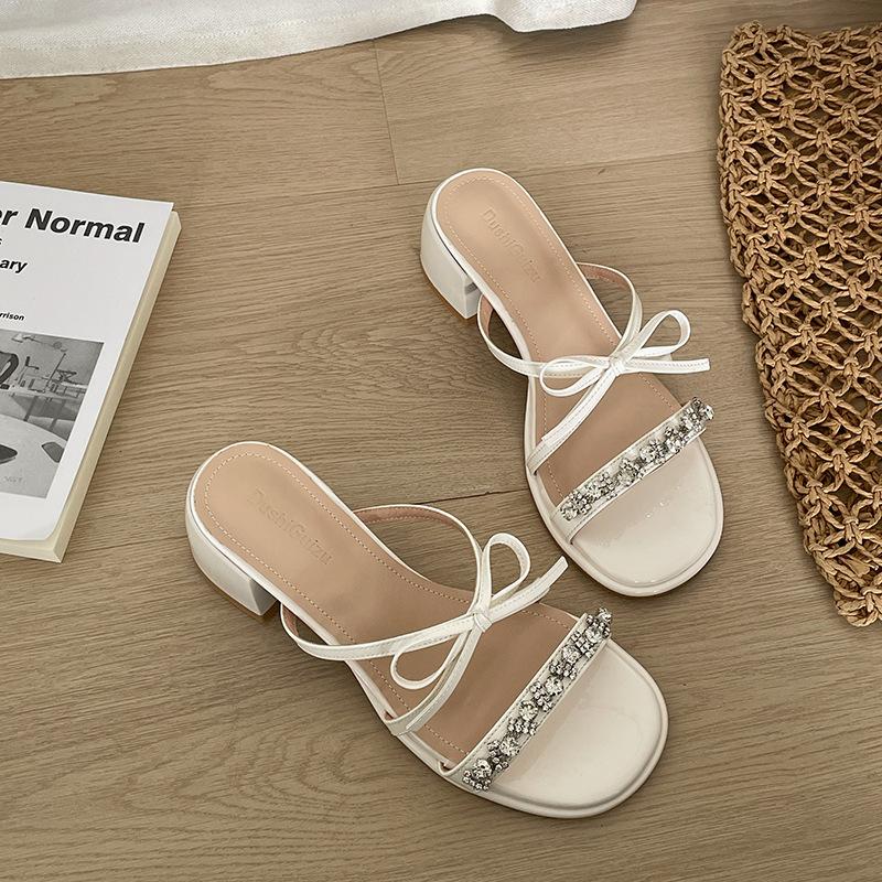 Silver thick heel one-word slippers women's summer wear fairy wind cool slippers