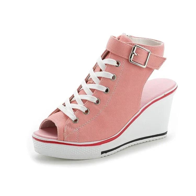 Fashion New Spring Summer Women's High Wedge Canvas Fish Mouth Shoes Korean Version of The Slope Open Toe Hollow Lace Up Canvas Shoes