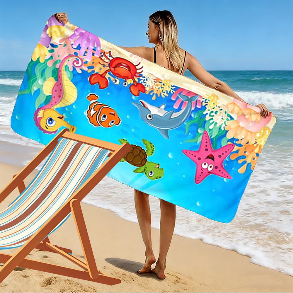 Cartoon Sea Animals and Coral Design Beach Towel Quick-drying for Travel Outdoor Sports Jogging Beach and Swimming